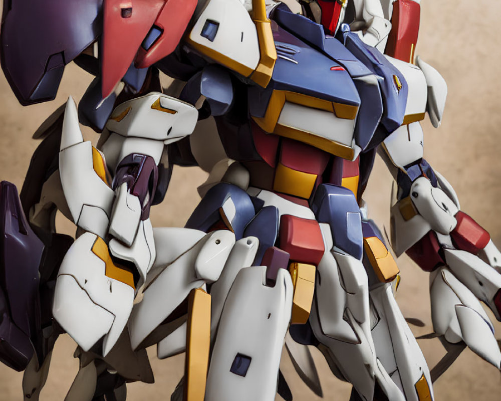 Detailed White Mecha Model with Blue, Red Accents & Yellow V Crest