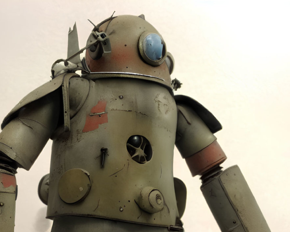 Vintage robot with large blue eye and faded paint on neutral background
