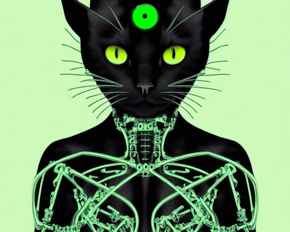 Surreal image of human body with mechanical details and cat head