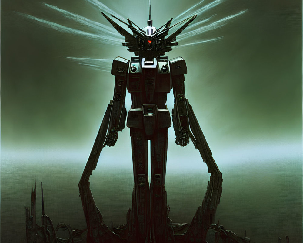 Giant robotic figure with red glowing eyes in misty green background