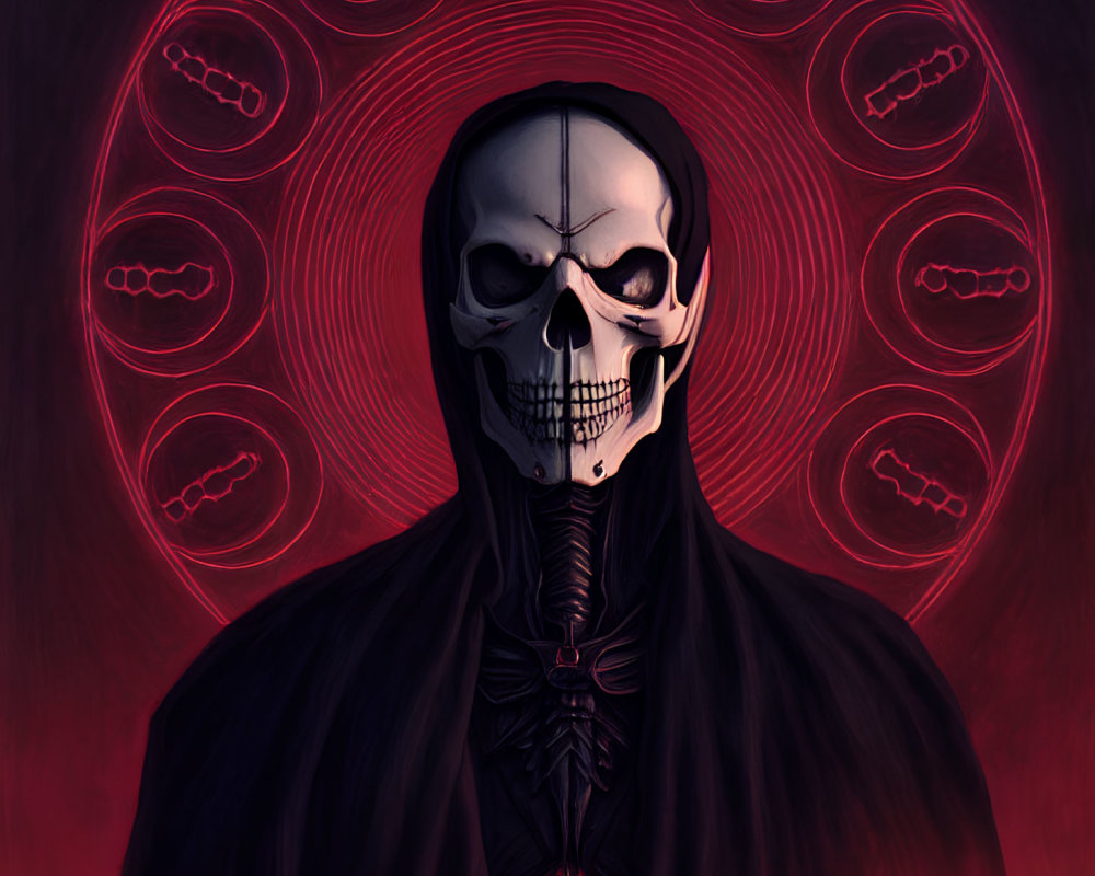 Skeleton figure in dark cloak on crimson 