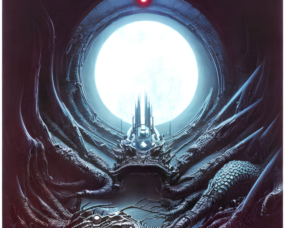 Sinister sci-fi throne surrounded by serpentine structures under a glowing portal with a red eye.