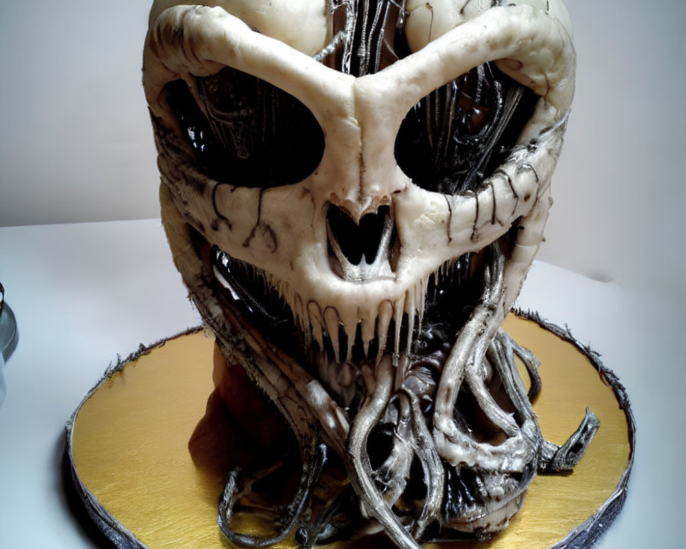Detailed Monster Cake Sculpture with Eyes, Teeth, and Tentacles on Gold Base