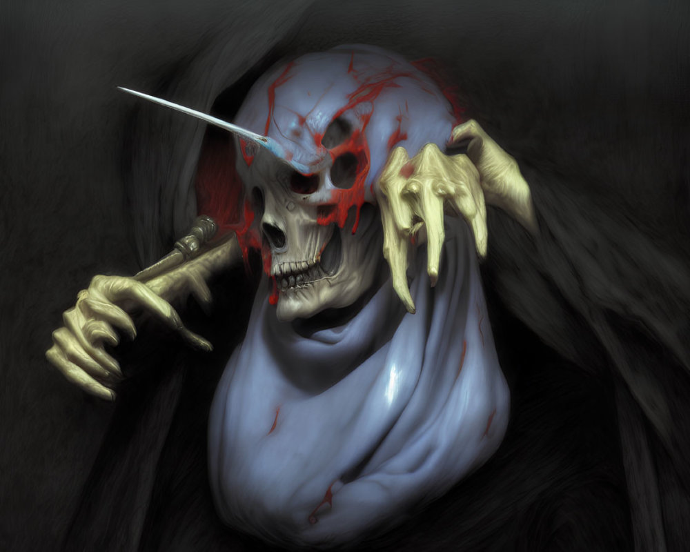 Skull with horn, bloodstains, dagger in hand from darkness