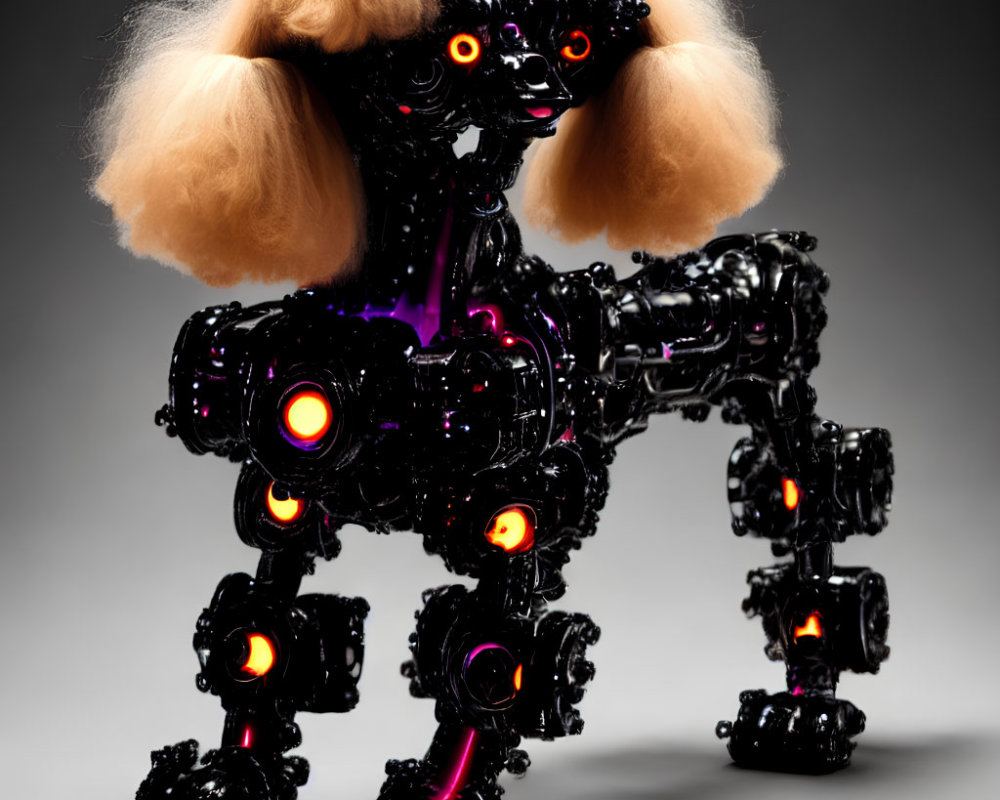 Futuristic robotic dog with black casing and neon purple lights and a blonde wig