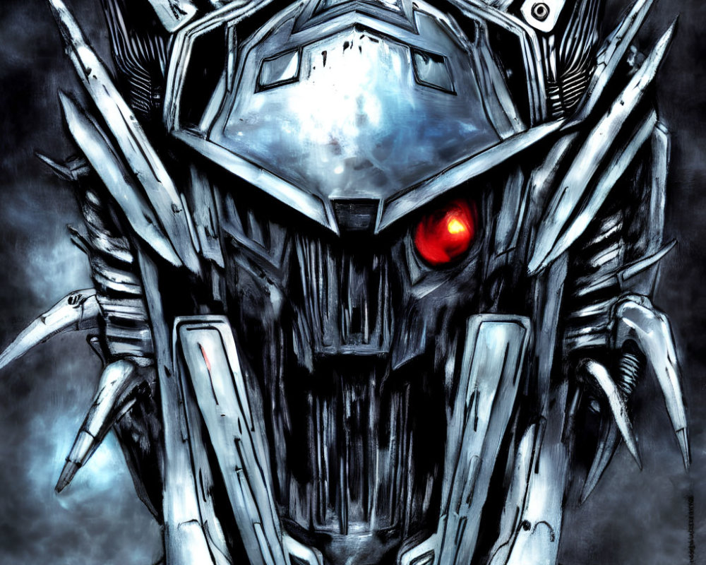 Detailed illustration of sharp metallic robot head with glowing red eye on dark background