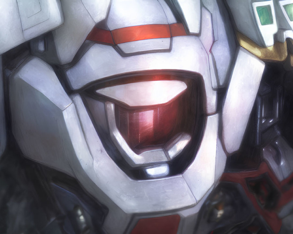 Detailed Robotic Face with Red Visor and White Armor