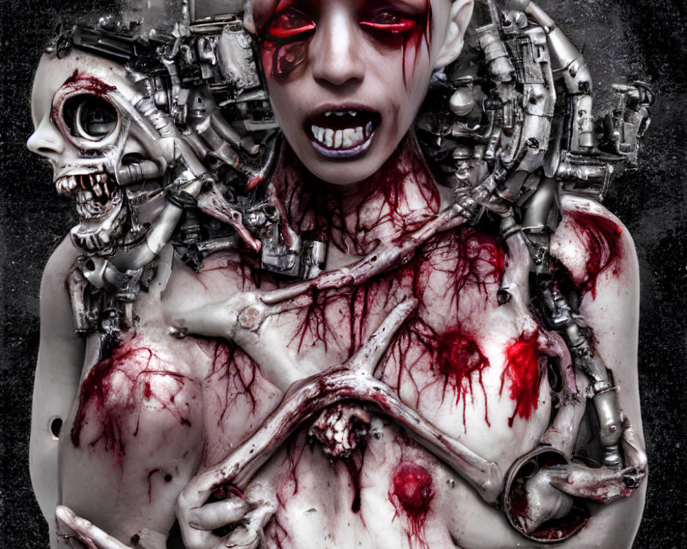 Cyborg with exposed mechanical parts and red eyes.