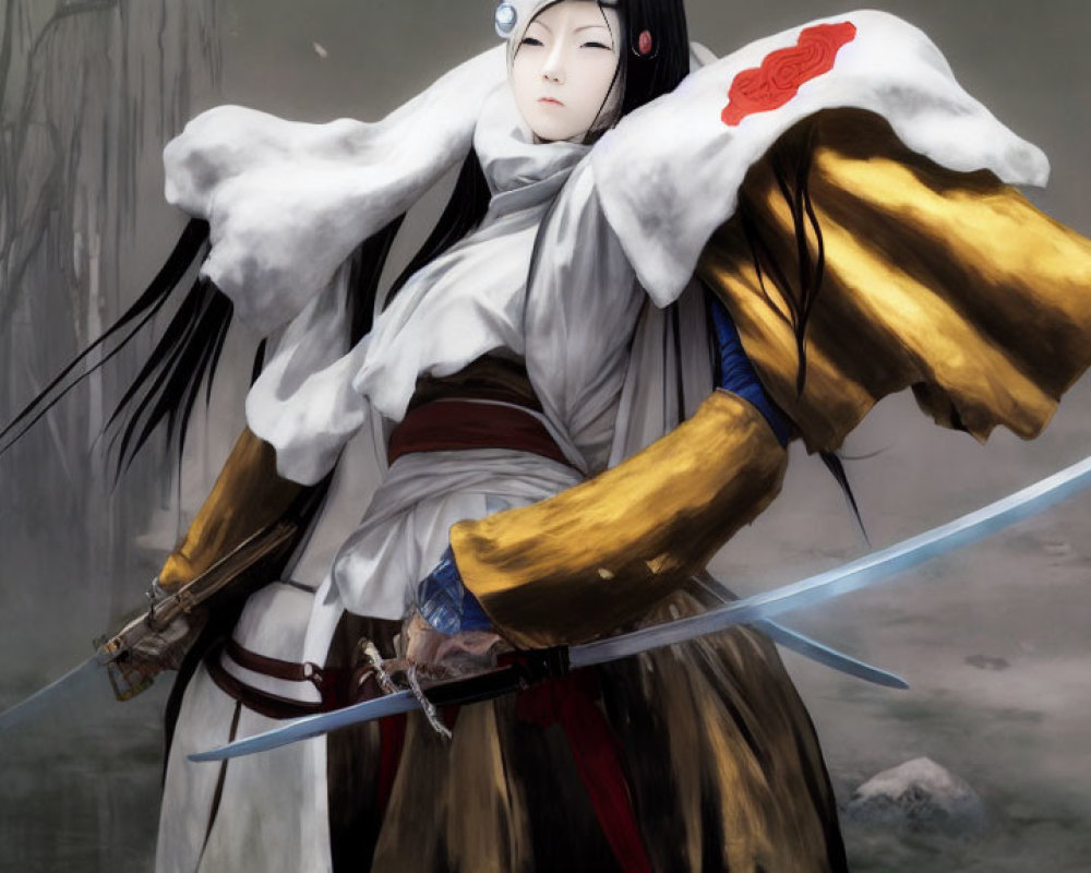 Pale-skinned animated character with white hair, dual swords, red and gold kimono, in mist