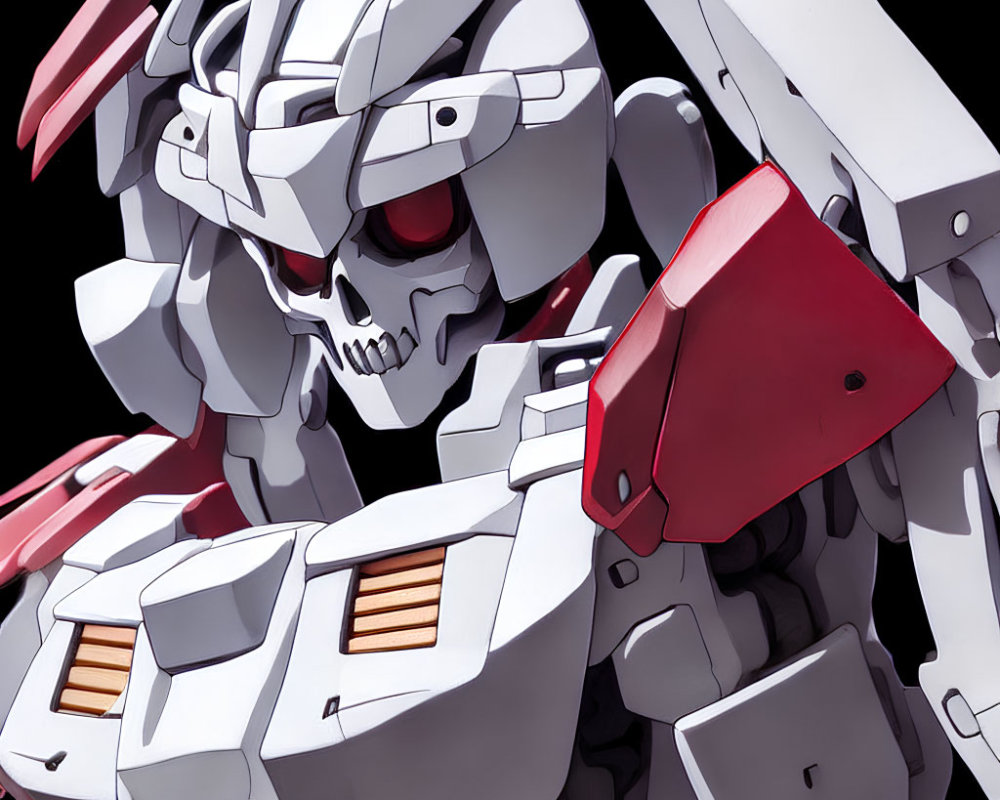 White and Red Mecha with Skull-like Head and Armored Plates