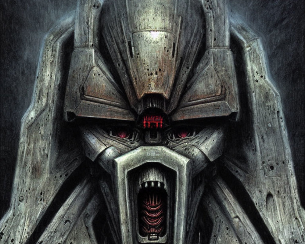 Detailed Illustration: Metallic Robot Face with Red Glowing Eyes & Advanced Technology Designs