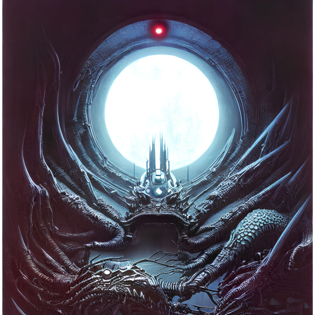 Sinister sci-fi throne surrounded by serpentine structures under a glowing portal with a red eye.