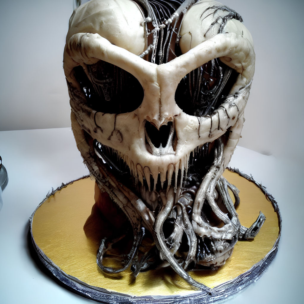 Detailed Monster Cake Sculpture with Eyes, Teeth, and Tentacles on Gold Base