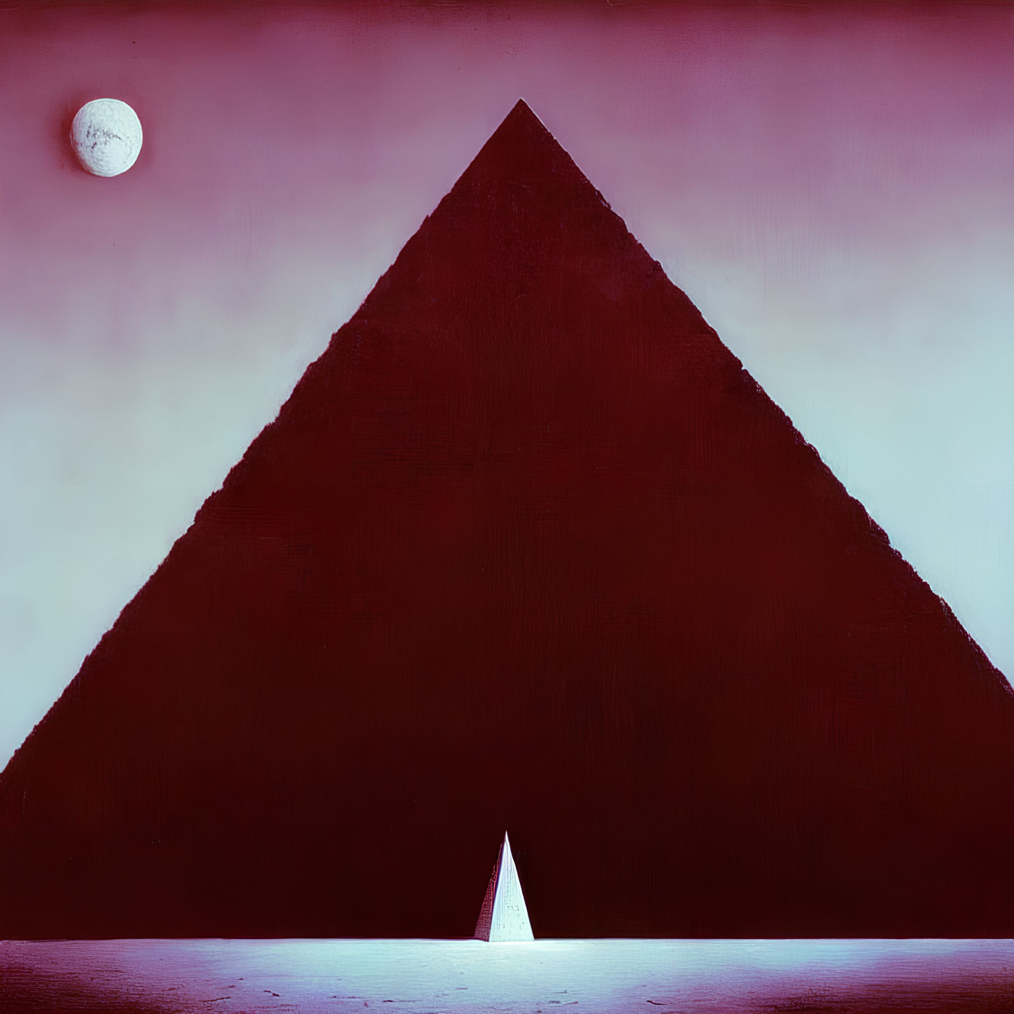 Dark pyramid, pink background, sailboat, full moon - Surreal image.