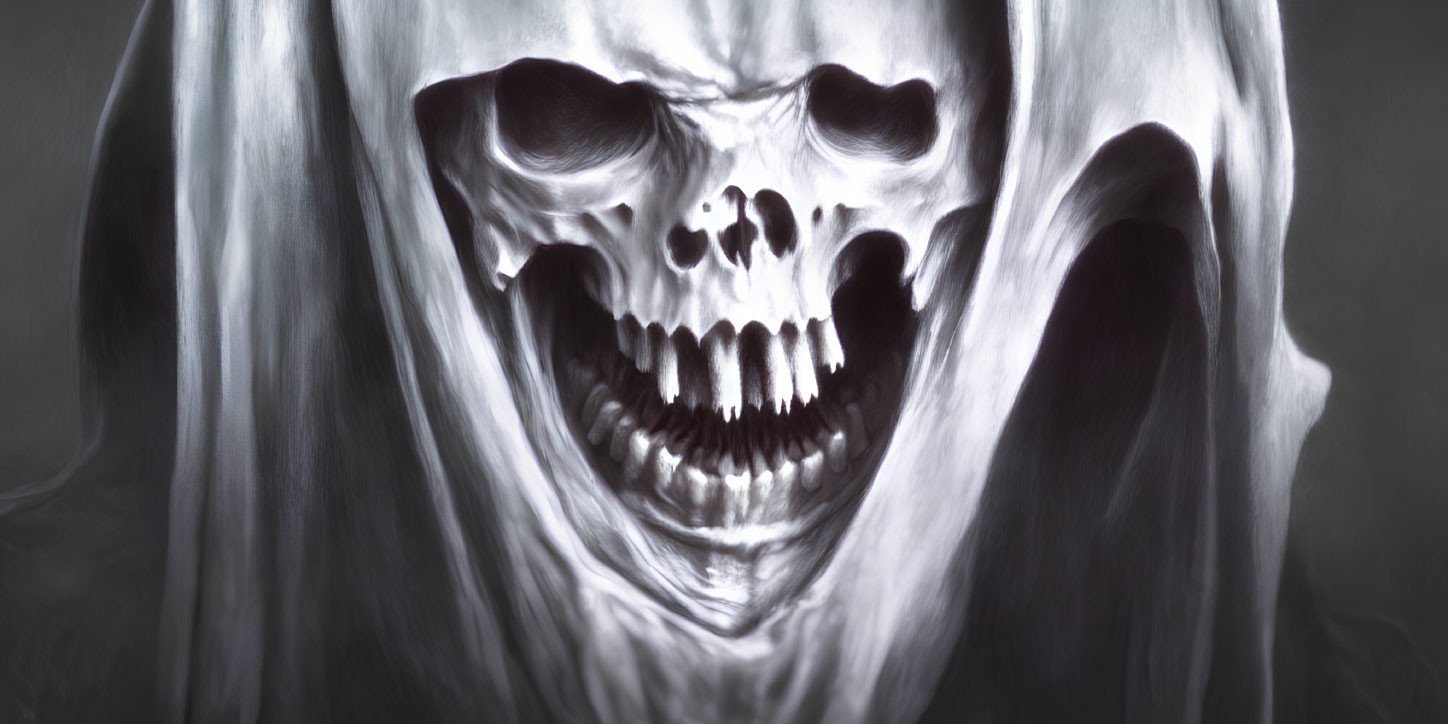 Monochrome artistic representation of a screaming skull with ghostly flowing form.