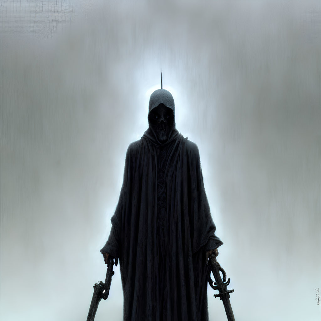 Hooded figure with swords in misty background
