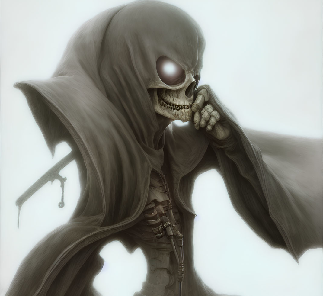 Skeletal figure in hooded cloak with pensive pose and subdued colors