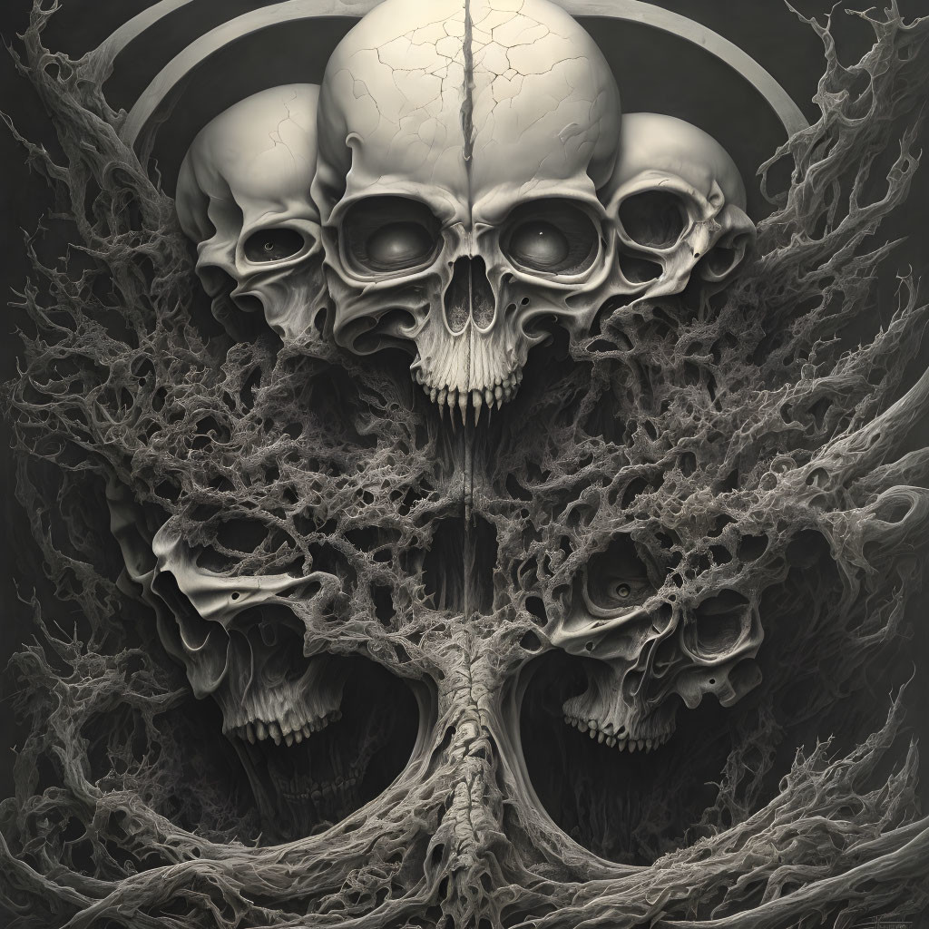 Monochromatic artwork: Human skulls connected by tree-like structures
