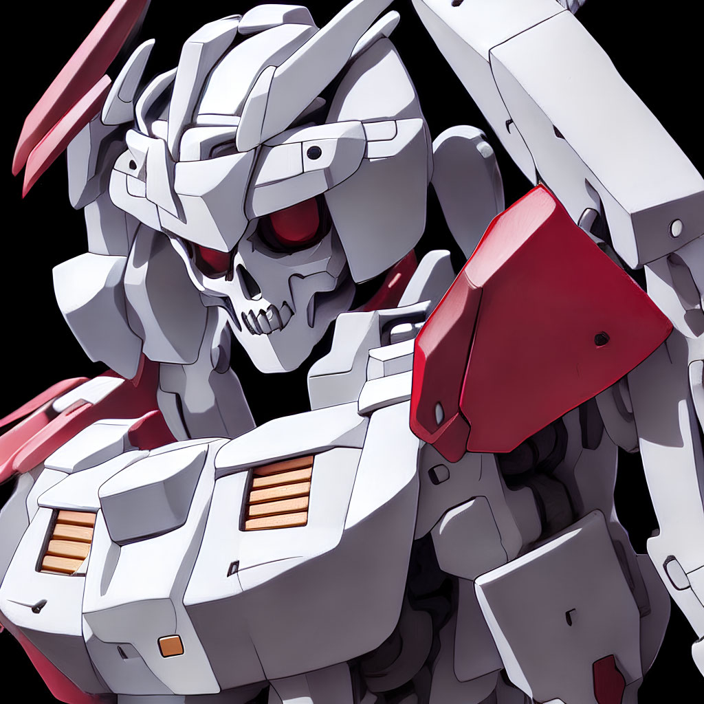 White and Red Mecha with Skull-like Head and Armored Plates