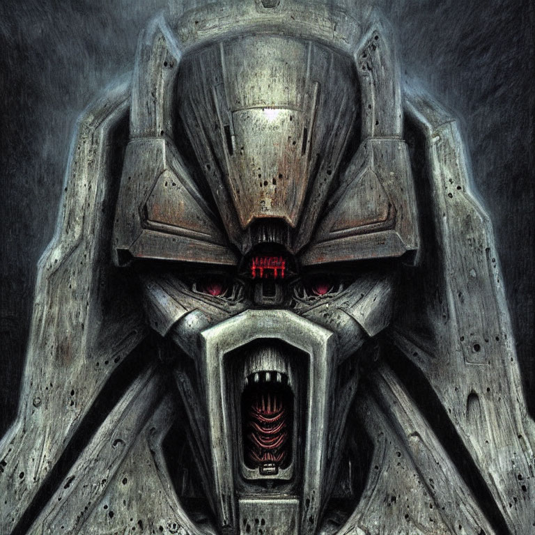 Detailed Illustration: Metallic Robot Face with Red Glowing Eyes & Advanced Technology Designs