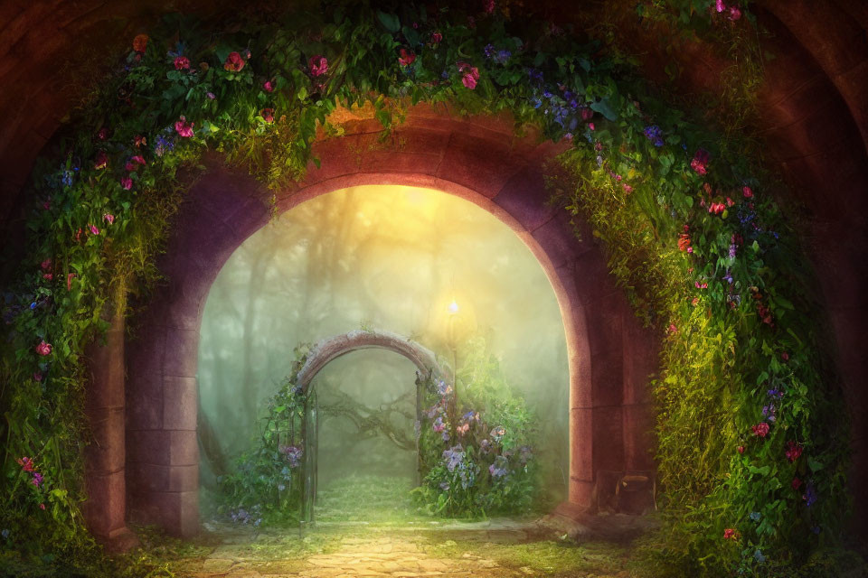 Enchanting Stone Tunnel Covered in Vines and Flowers
