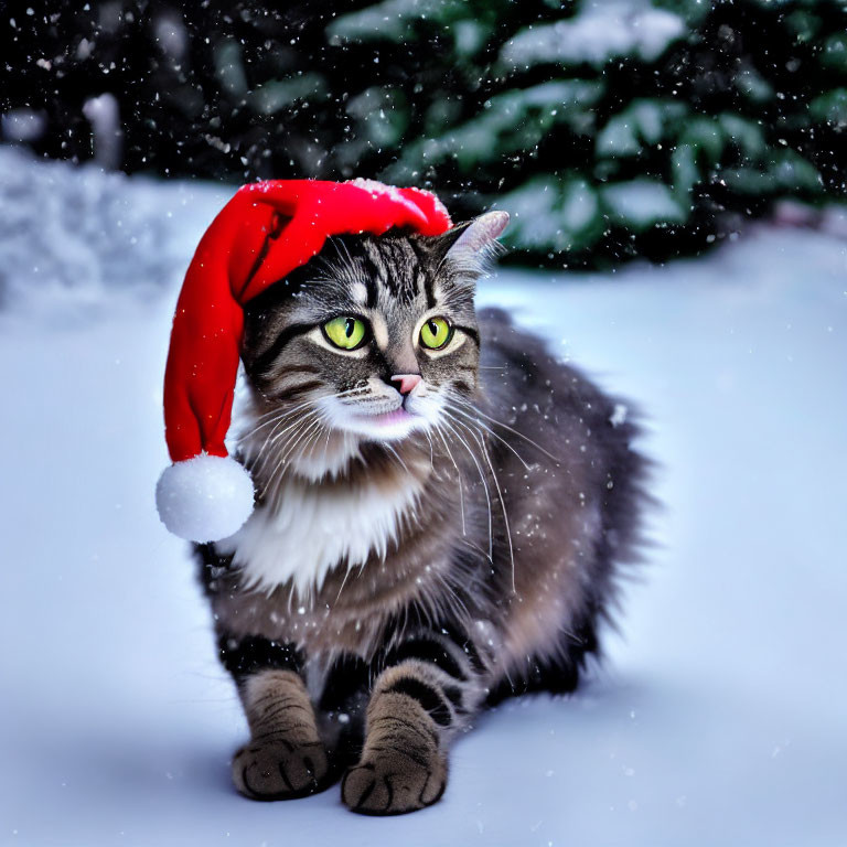 Fluffy Tabby Cat in Santa Hat Outdoors in Snowfall