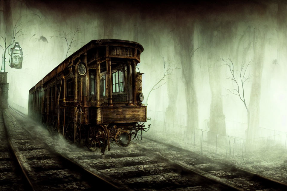Vintage tram on foggy tracks surrounded by bare trees