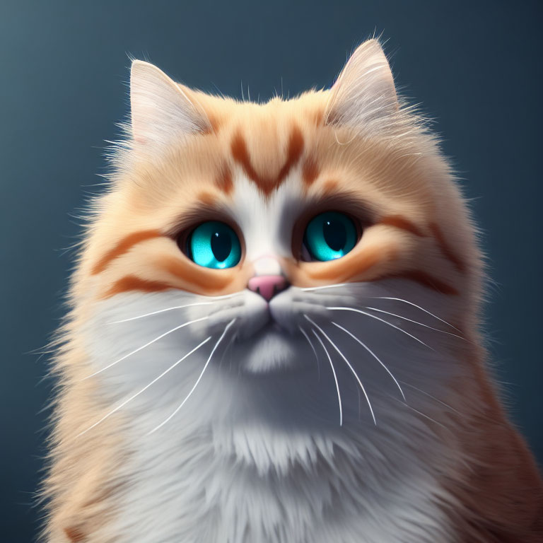 Fluffy Orange and White Cat with Blue Eyes on Blue Background