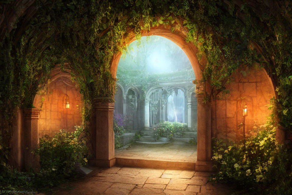 Enchanting archway leads to mystical courtyard with ruins and fountain