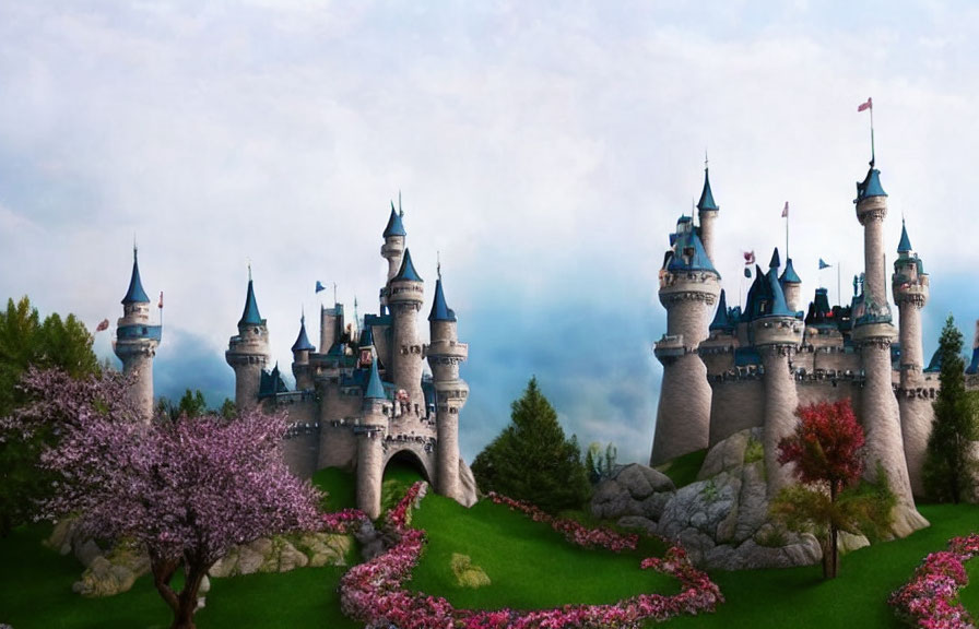 Enchanting fairy-tale castle in lush greenery and pink blossoming trees