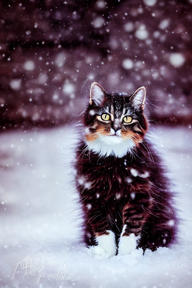 Fluffy tabby cat with yellow eyes in snowfall