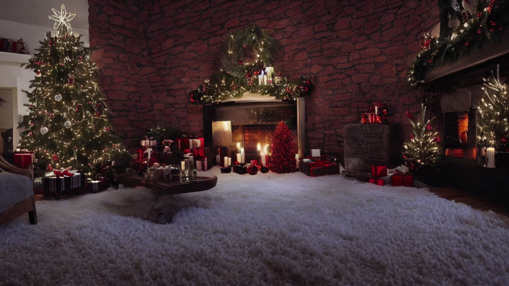 Festive Christmas scene with decorated tree, fireplace, gifts, and candles