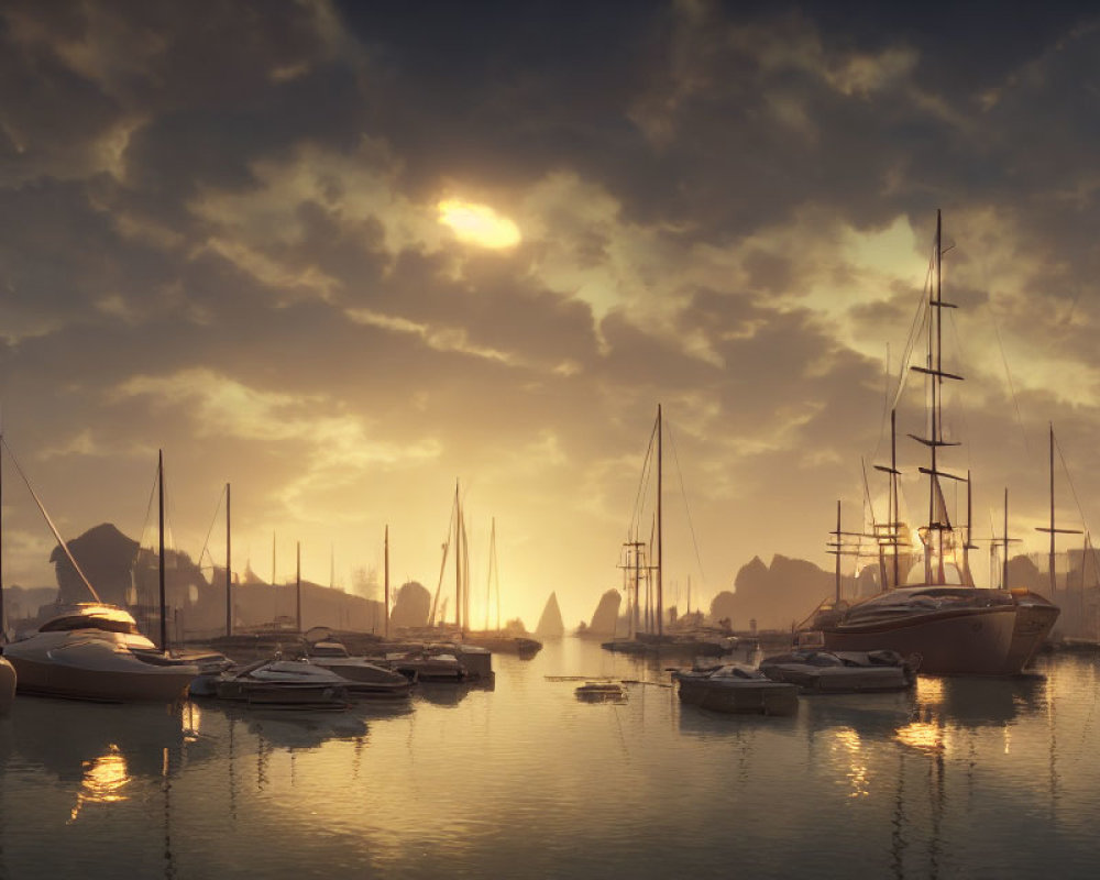 Sunset scene: sailboats on calm water with golden sunlight and silhouetted mountains
