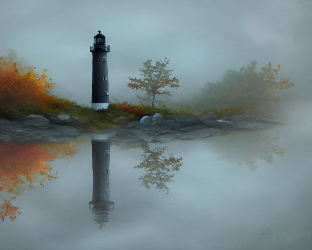 Black and white lighthouse on rocky edge in misty autumn setting