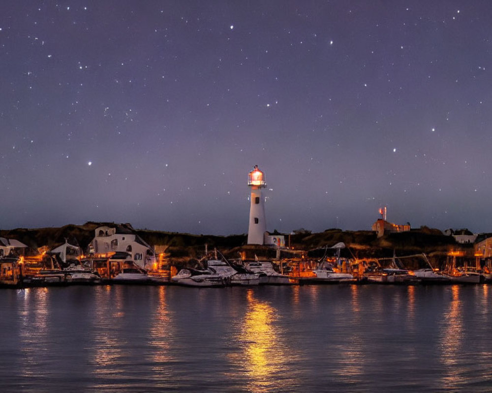 Tranquil harbor scene with lighthouse, boats, and starlit sky