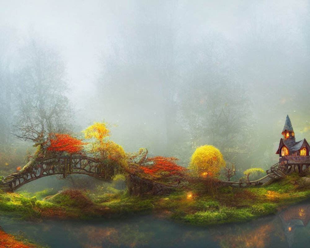 Cozy cottage in foggy autumn scene with glowing windows