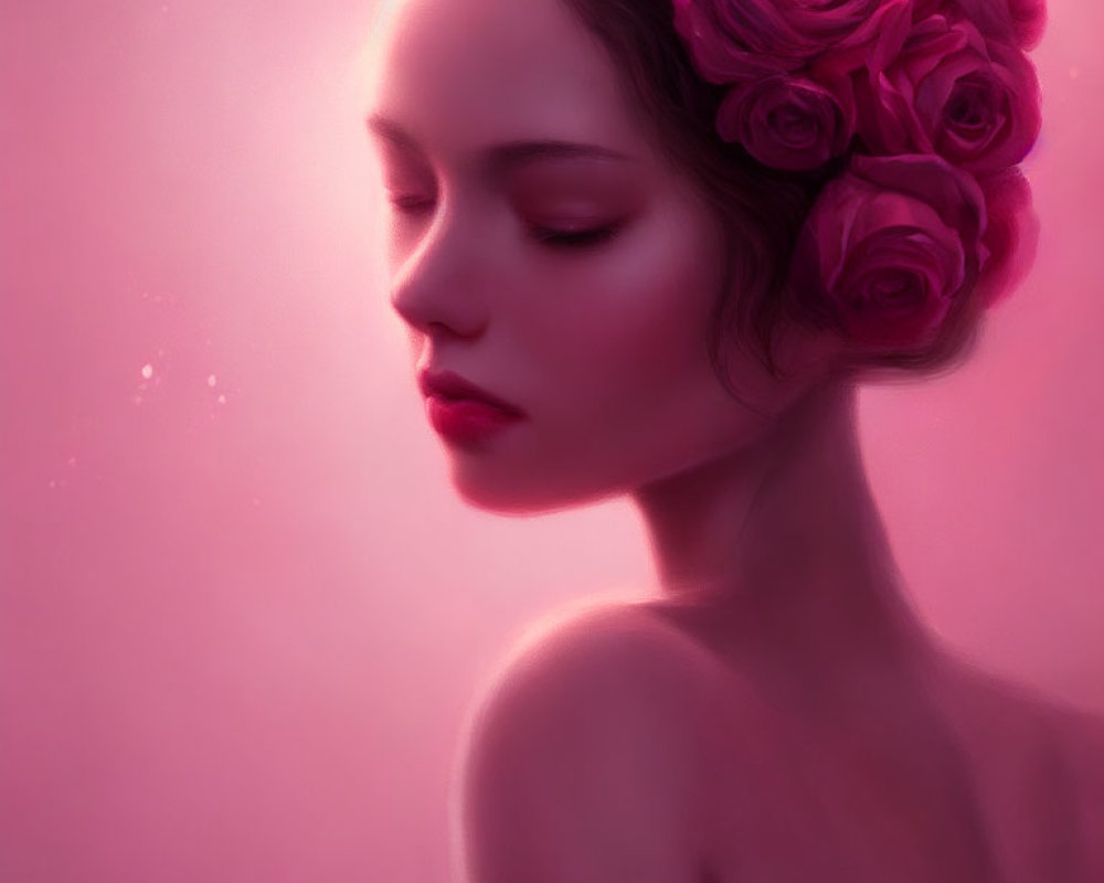 Serene woman with crown of roses in soft pink glow