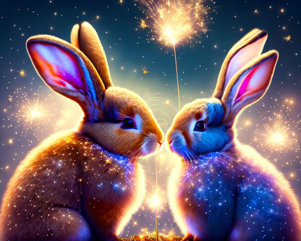 Celestial-themed rabbits with dandelion on starry background