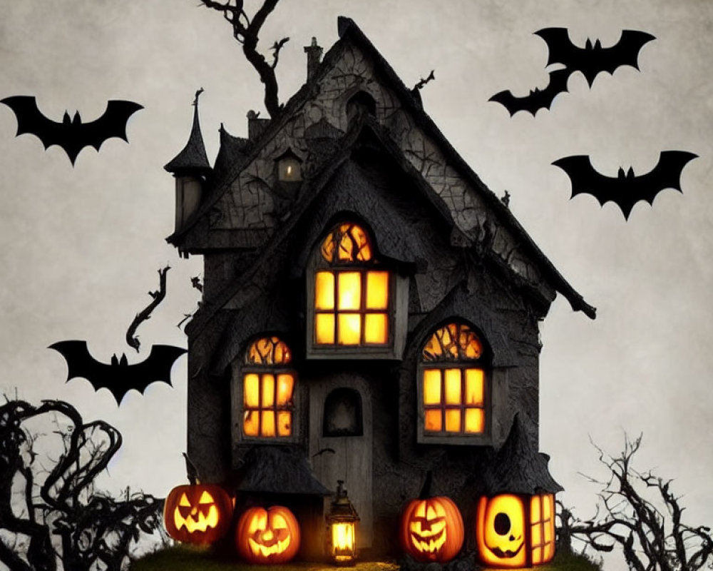 Haunted house, glowing pumpkins, flying bats in spooky Halloween scene