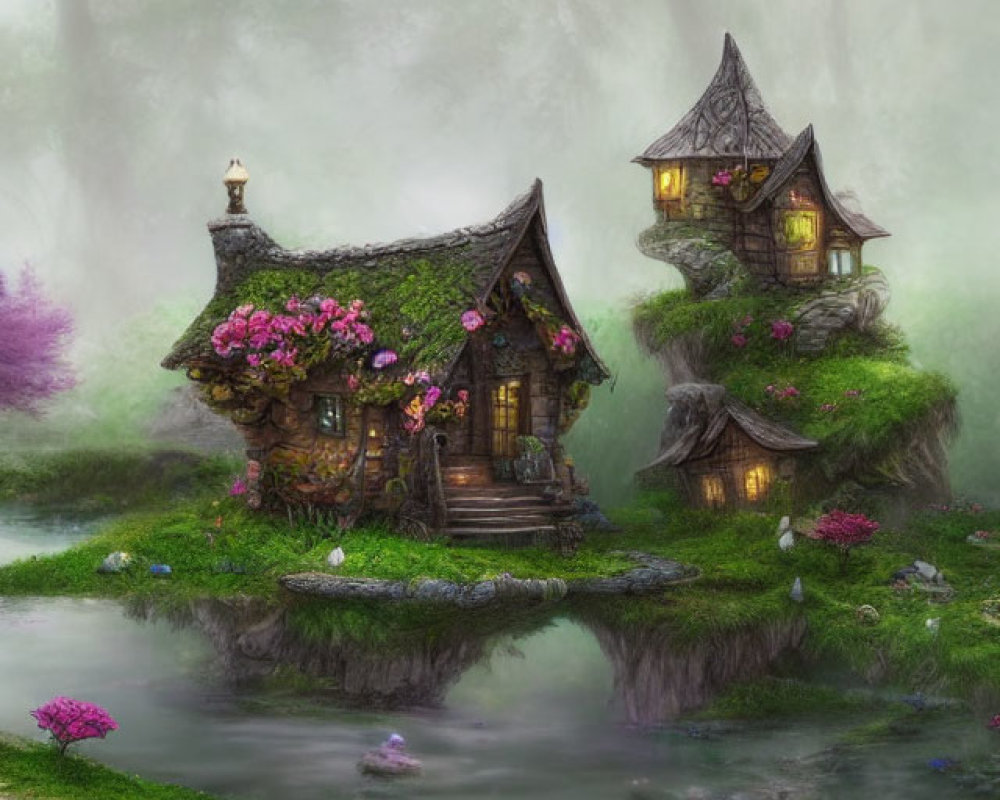 Moss-Covered Cottage on Island in Foggy Forest Pond