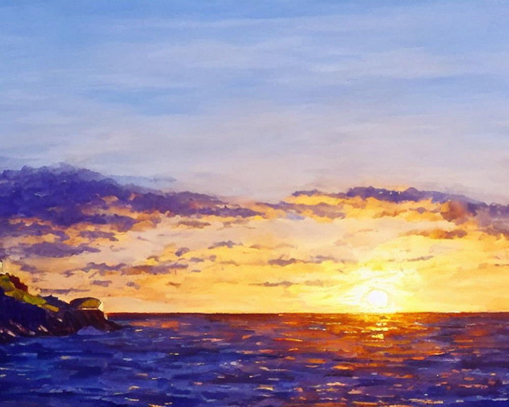 Colorful sunset painting: sea, lighthouse, golden and purple sky