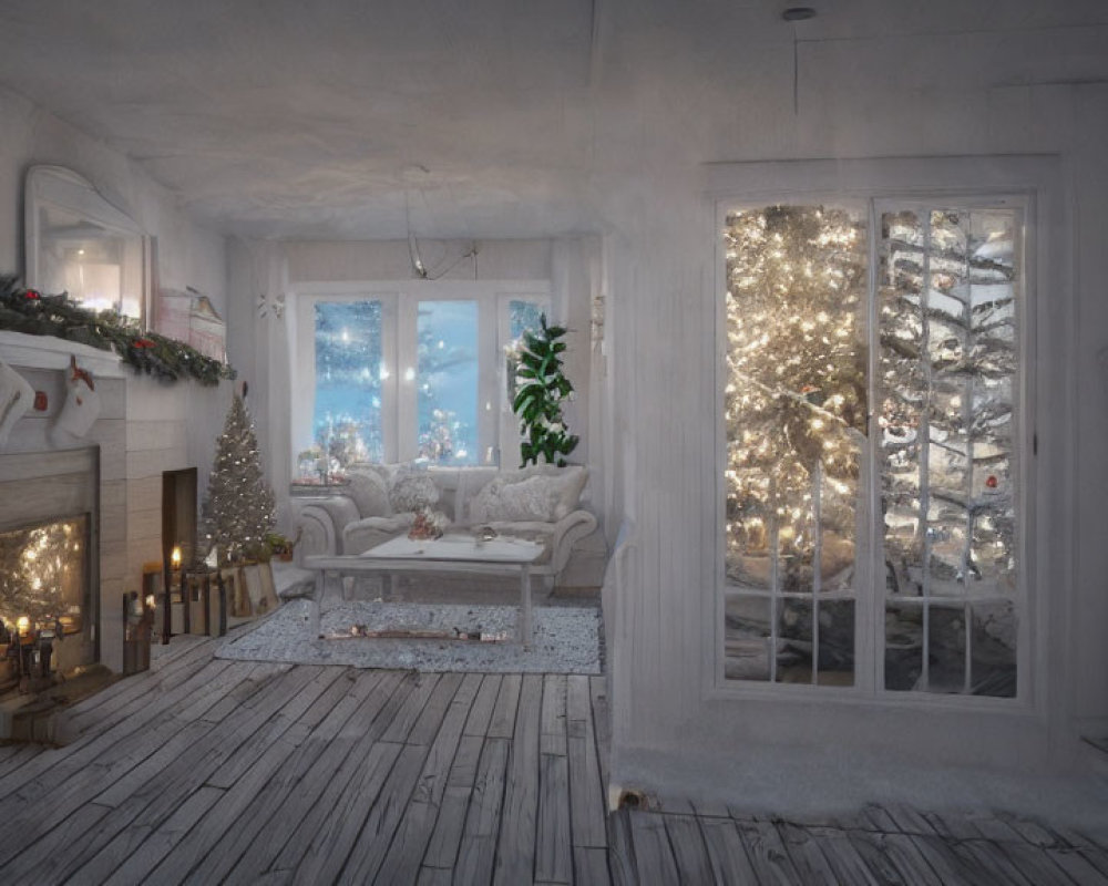 Festive Winter Living Room with Christmas Tree and Fireplace