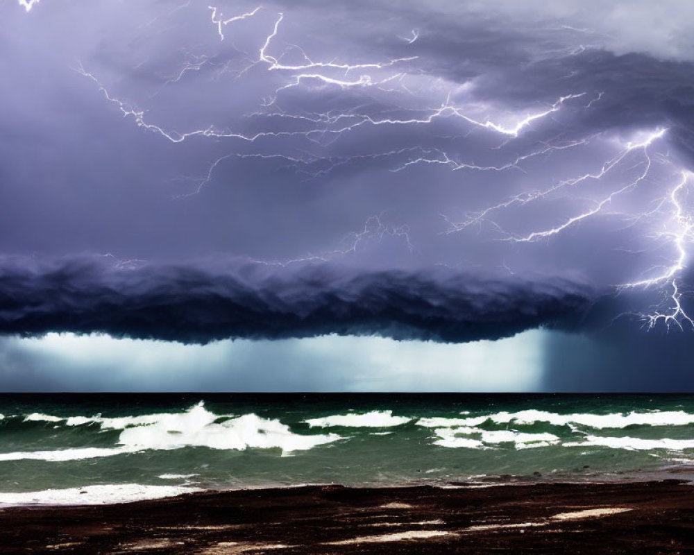 Dramatic storm scene with lightning bolts over turbulent sea