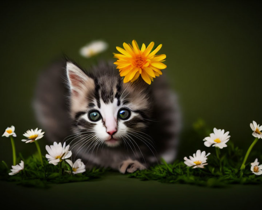 Curious Kitten with Striking Blue Eyes Among White Daisies