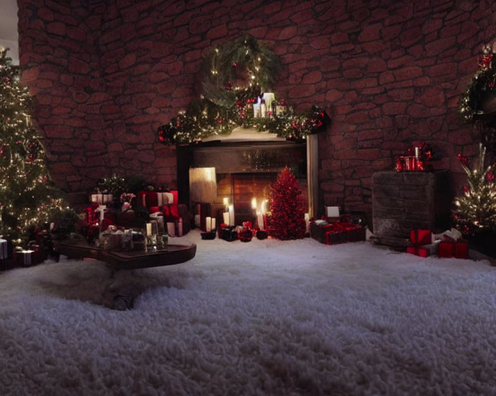 Festive Christmas scene with decorated tree, fireplace, gifts, and candles