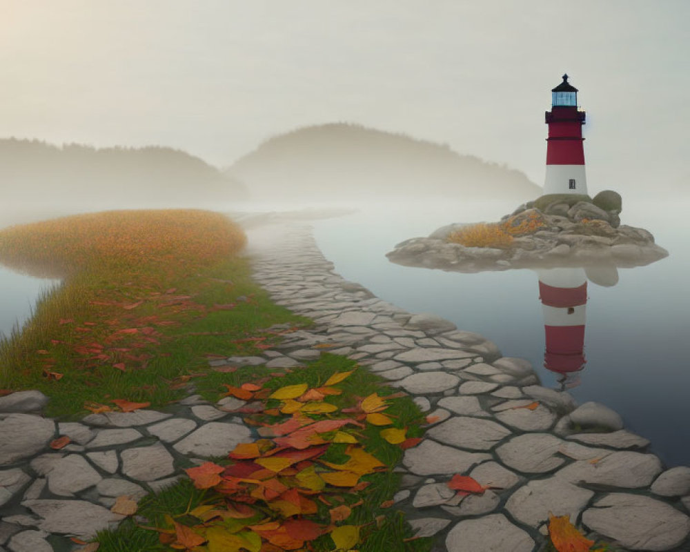 Stone pathway through misty autumn landscape to island lighthouse