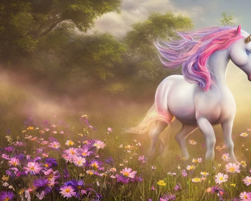 Mythical unicorn with pink and purple mane in vibrant meadow