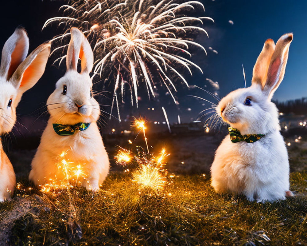 Two rabbits in bow ties watching fireworks and sparklers at night