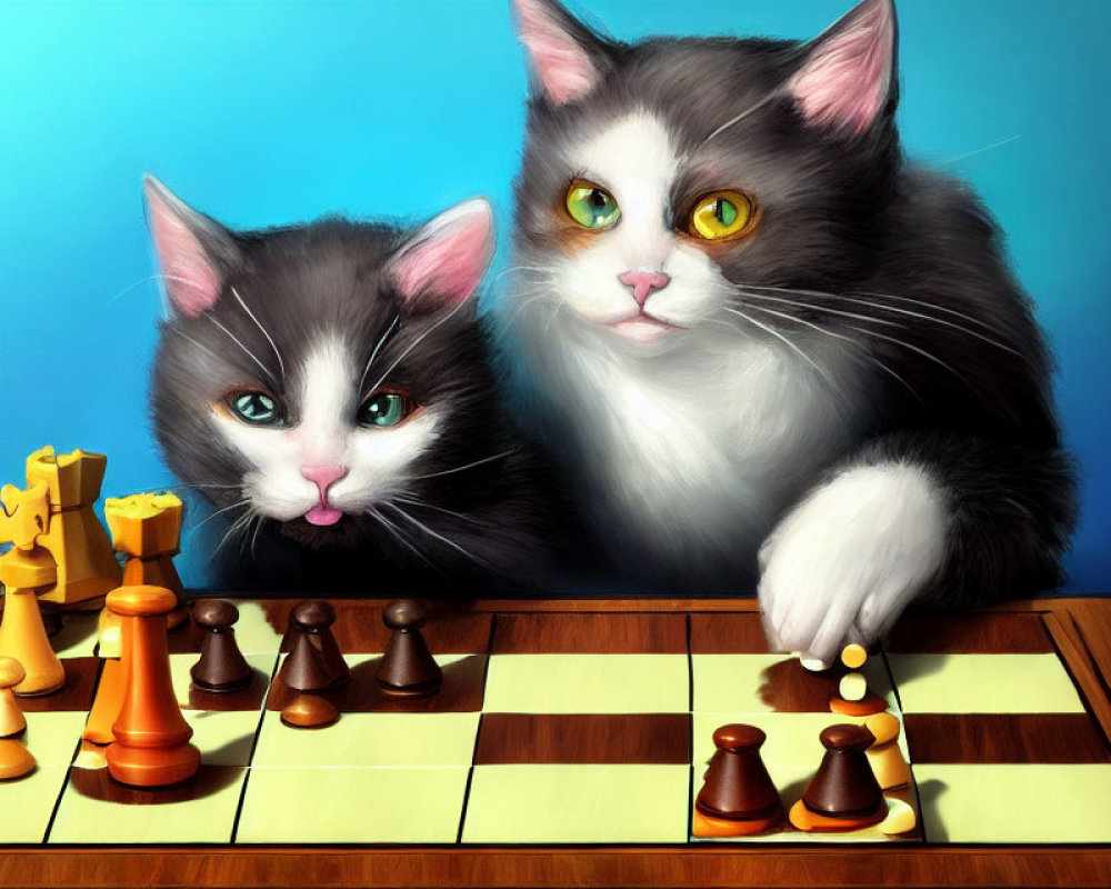 Anthropomorphic cats playing chess with expressive faces