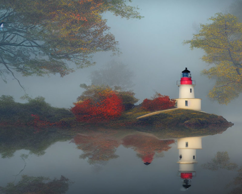 Misty island lighthouse reflected in calm water amid autumn trees